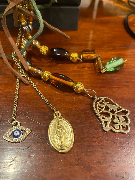 unbranded Jewelry - Wacky Item for Challenge Gold-Tone Multi Charm Necklace with Amber color Beads